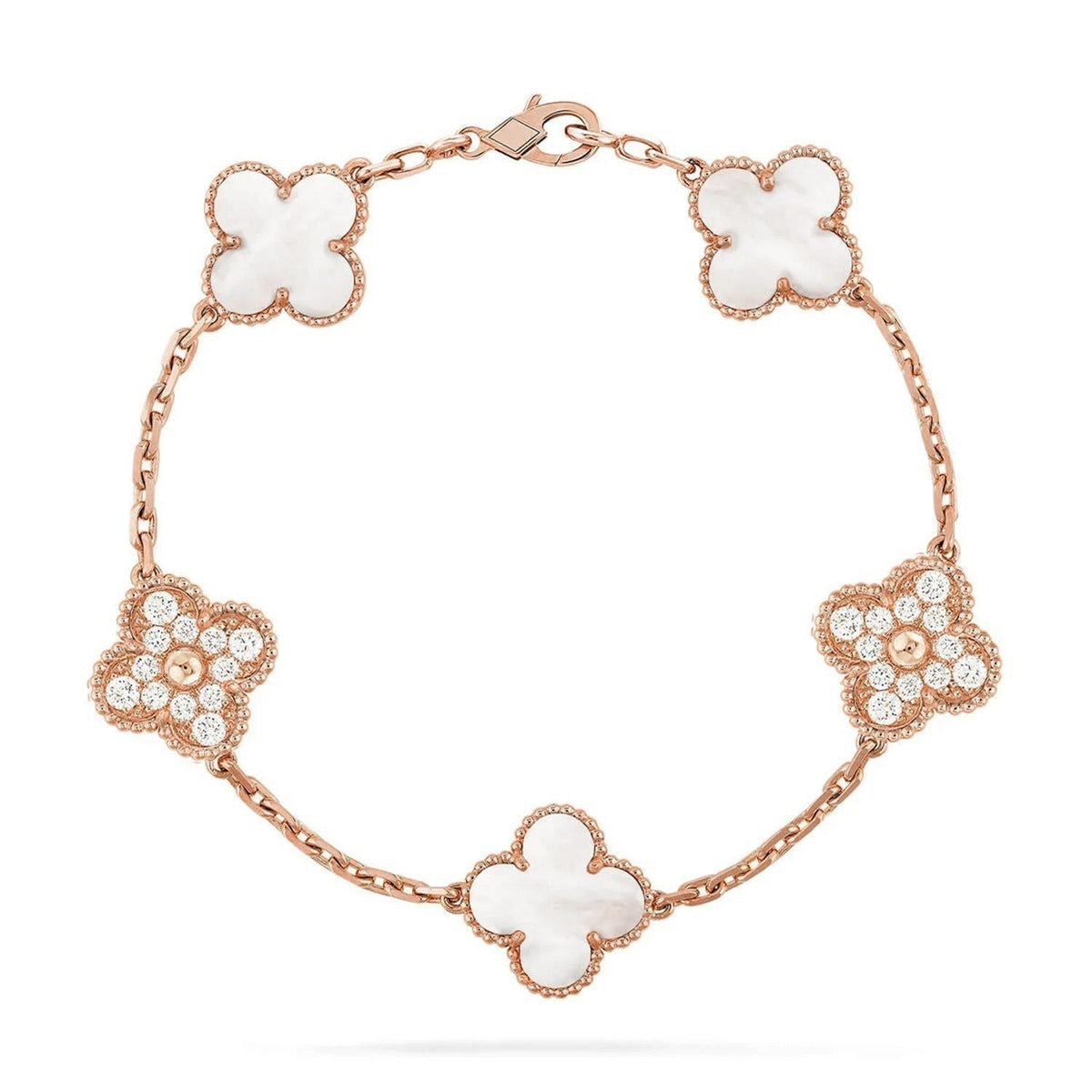 VCA CLOVER WHITE PEARL MOP 5 MOTIF BRACELET COLLECTION