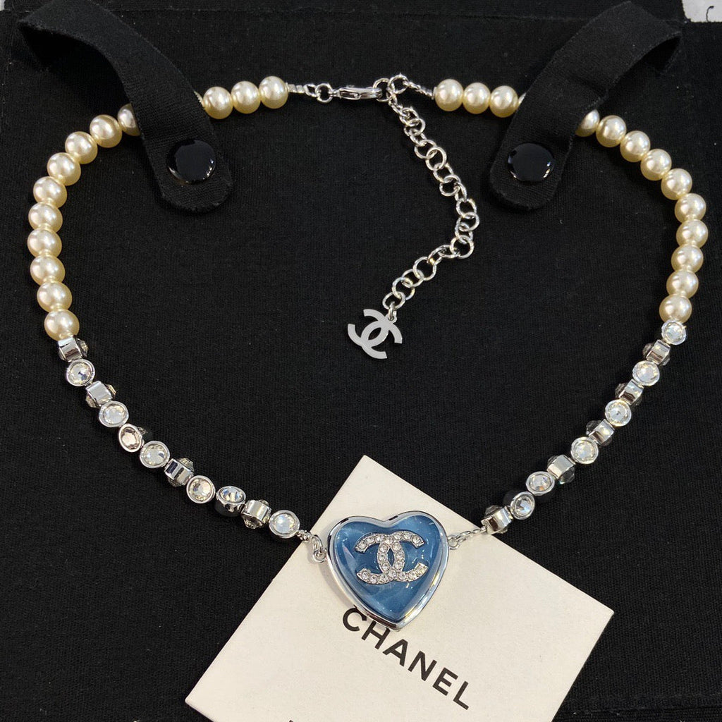 Chanel Blue Heart Pearl Diamond Necklace