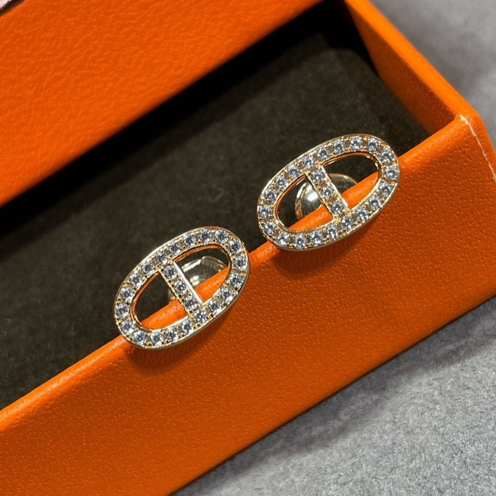 HERMES HM FULL DIAMOND PIG NOSE STUD EARRINGS